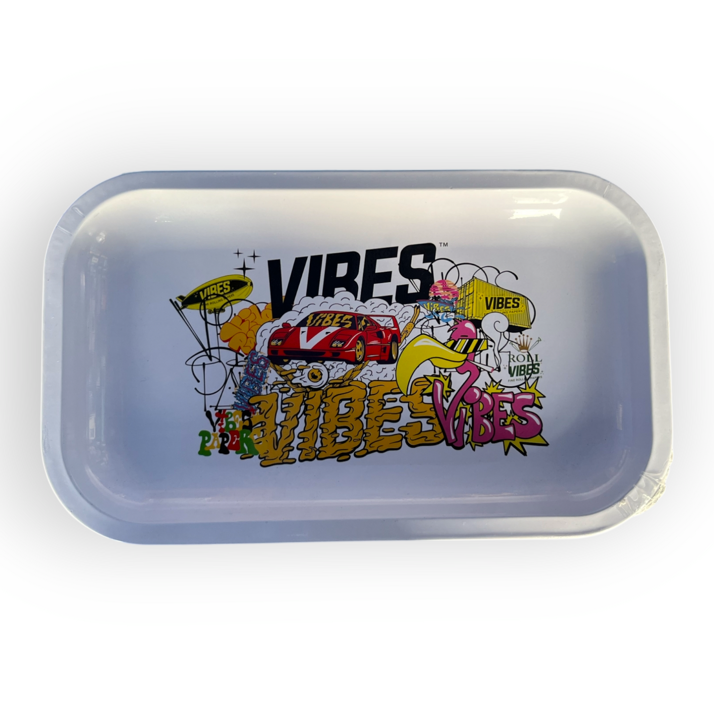 Vibes Rolling Tray con Diseño Caótico y Auto Rojo
